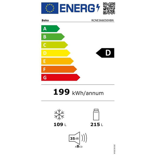 Frigorífico Combi BEKO RCNE366E50XBN, Inox 186 cm - 324L. Sin escarcha. D